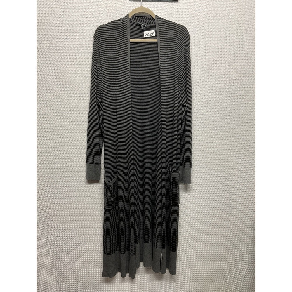 Eileen Fisher Knit Cardigan Long Duster Women's M Gray Black Stripe Open Front